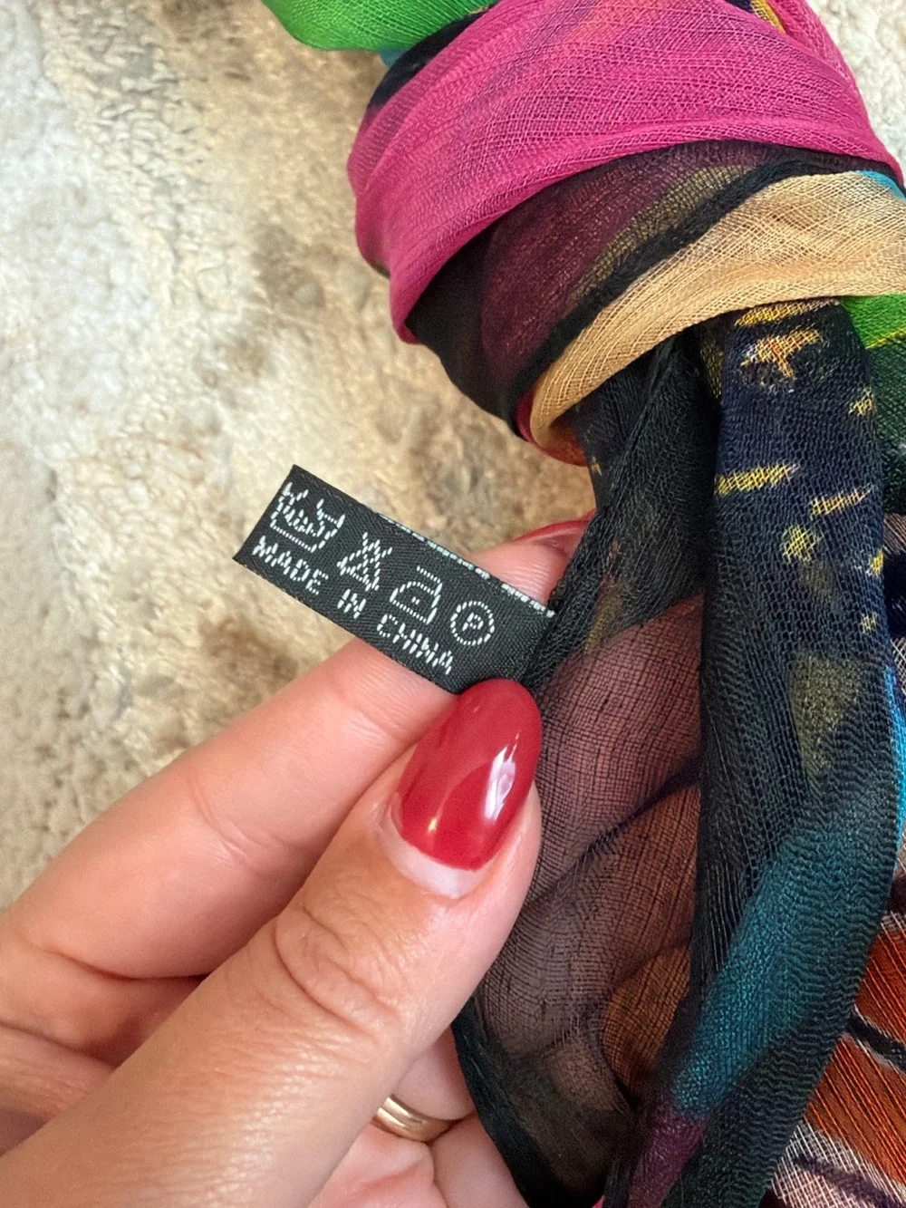 Sheer Multicolor Butterfly-Print Scarf with Black Trim